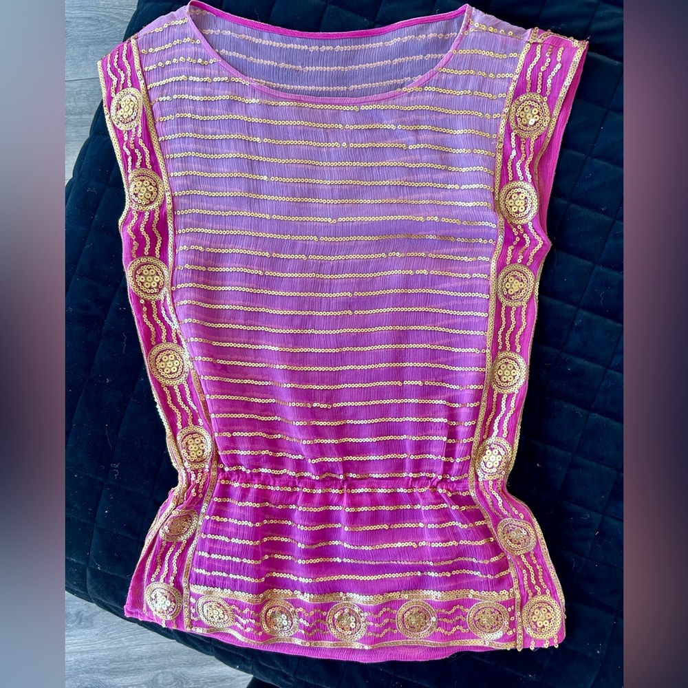 Trina Turk Sequined Pink/purple and Gold Women's Sheer Sequin Top. Cinched waist